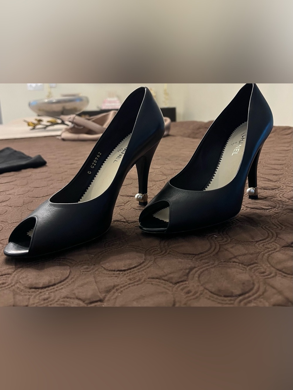CHANEL Black Leather Pearl Heels